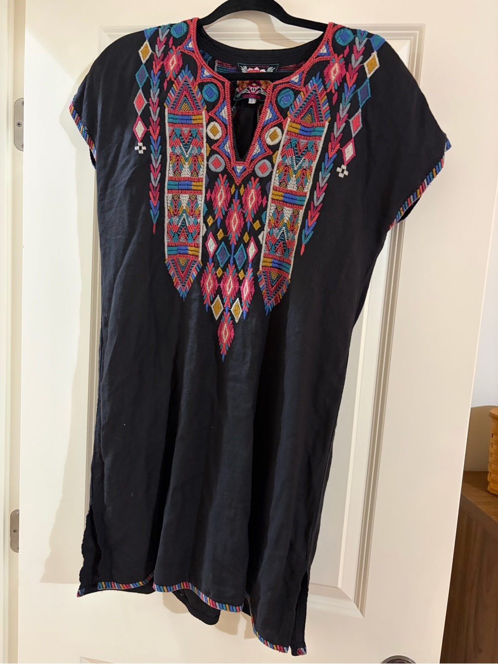 Johnny Was Black  Dress with Multicolor Geometric Embroidery